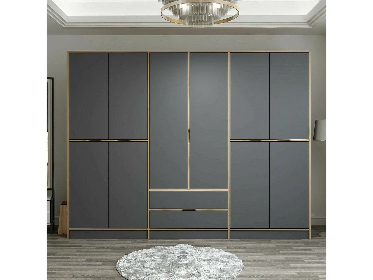 Grande Garde-robe Draic, Meubles de chambre, Penderie de plain-pied, Placard à vêtements, 277x52 h208 cm, Noir et Or