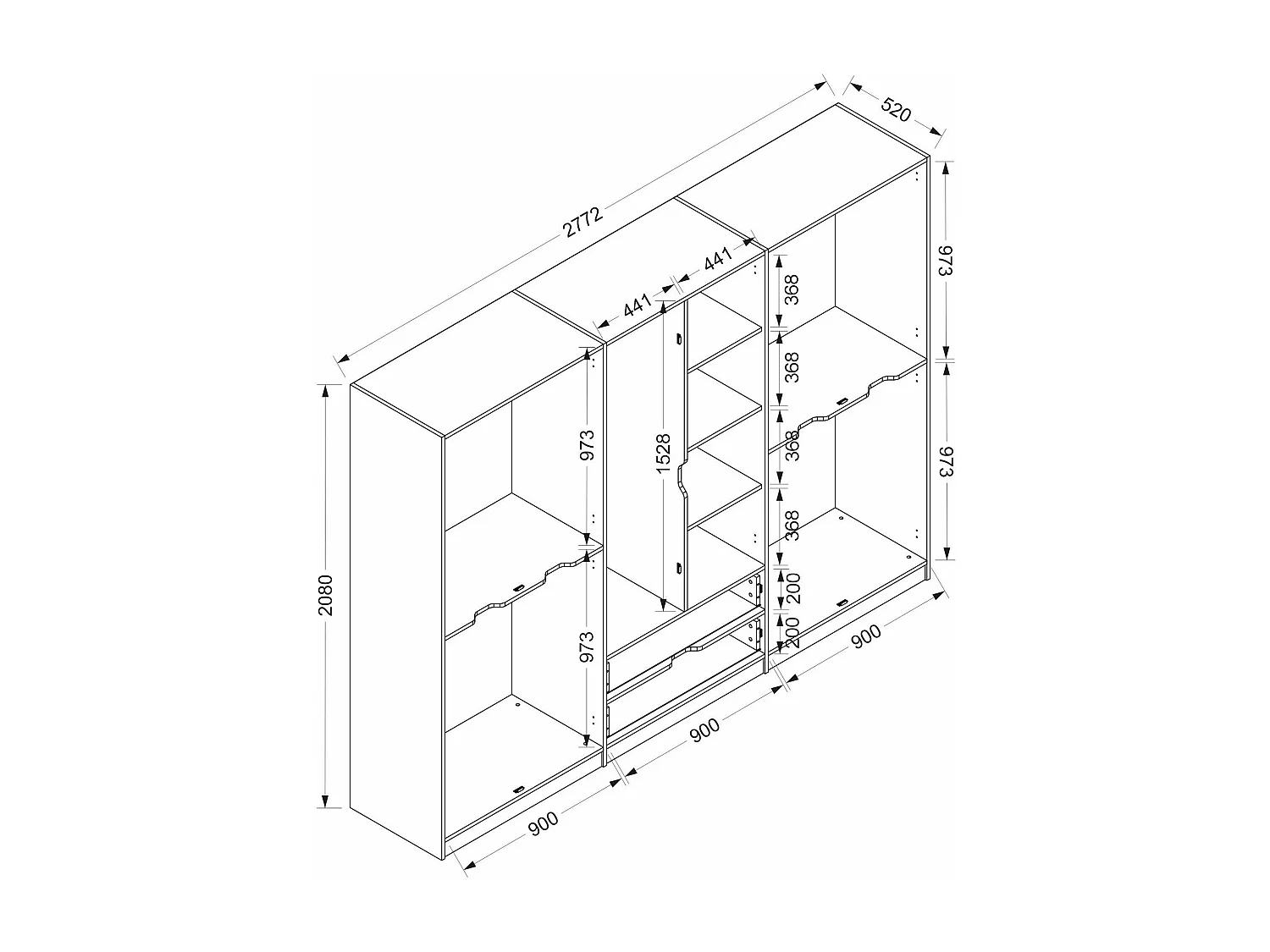 Grande Garde-robe Draic, Meubles de chambre, Penderie de plain-pied, Placard à vêtements, 277x52 h208 cm, Noir et Or