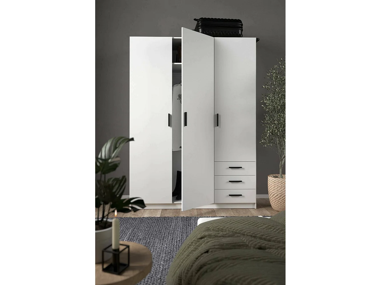 Garde-robe 3 portes Dsenk, Meubles de chambre, Penderie de plain-pied, Placard à vêtements, 147x50 h200 cm, Blanc