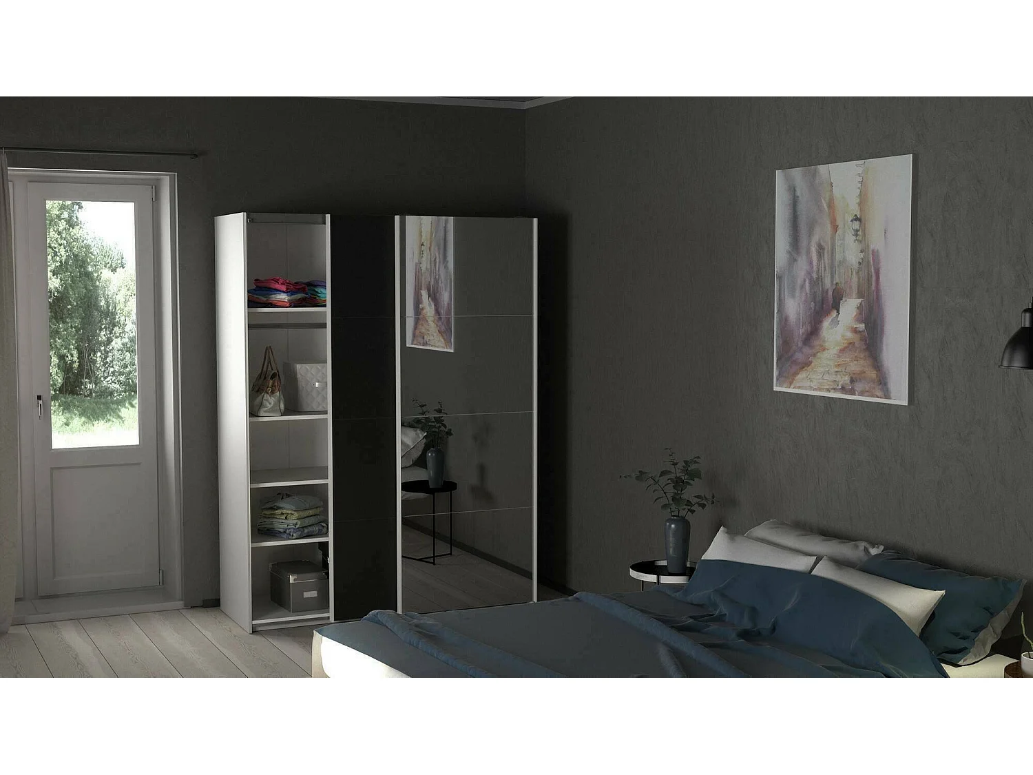 Dspur 2-deurskast, Slaapkamermeubel, Inloopkast, Kledingkast, 150x61 h200 cm, Zwart en Wit