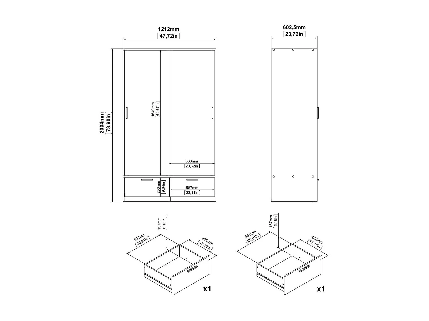 Garde-robe 2 portes Dschoute, Meubles de chambre, Penderie de plain-pied, Placard à vêtements, 121x60 h200 cm, Noir et Chêne
