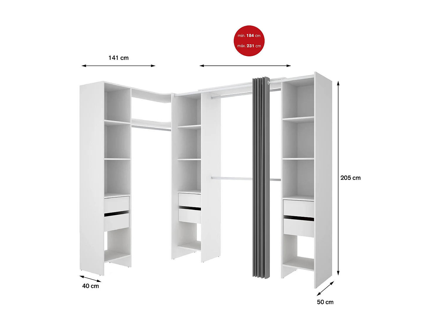 Armário grande Dharma, Móveis de quarto, Armário, Roupeiro, 234x141 h205 cm, Branco