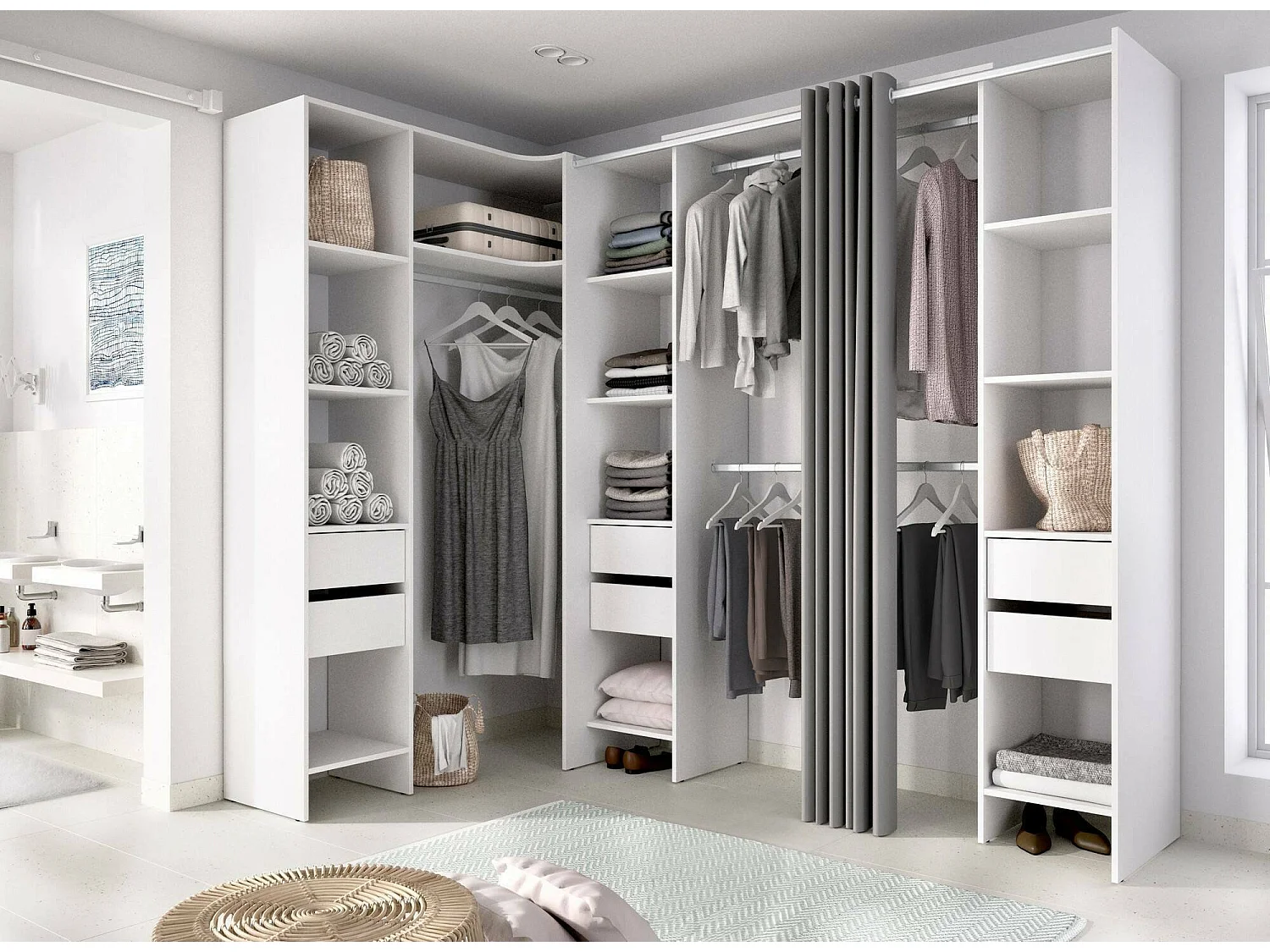 Grande Garde-robe Dharma, Meuble de chambre, Penderie de plain-pied, Placard à vêtement, 234x141 h205 cm, Blanc