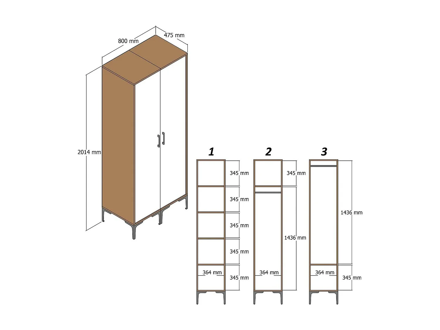 Kleiderschrank 2 Türen Dpret, Schlafzimmermöbel, Schrank, Garderobe, 80x201h48 cm, Walnuss und WeiÃŸ
