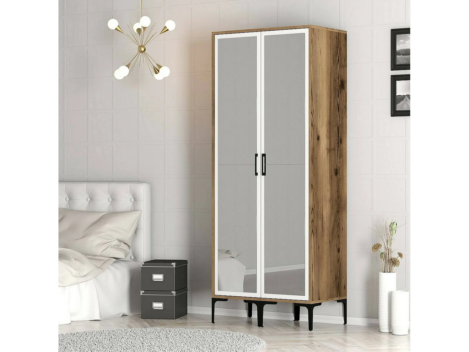 Kleiderschrank 2 Türen Dpret, Schlafzimmermöbel, Schrank, Garderobe, 80x201h48 cm, Walnuss und WeiÃŸ