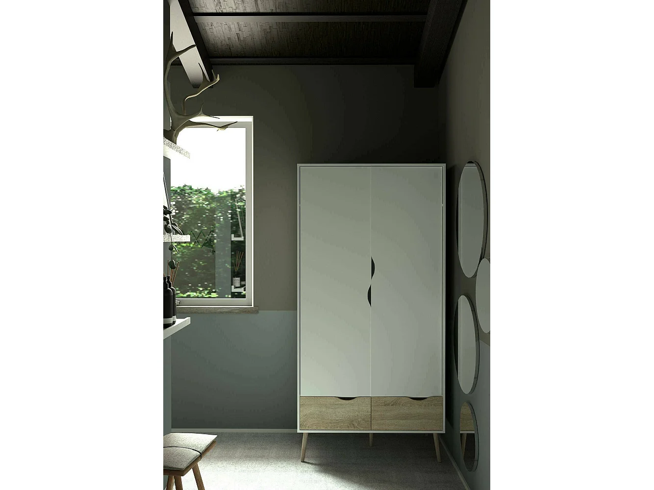 Armário Dscagli 2 portas, Móveis de quarto, Armário, Armário, 99x58 h200 cm, Branco e Carvalho