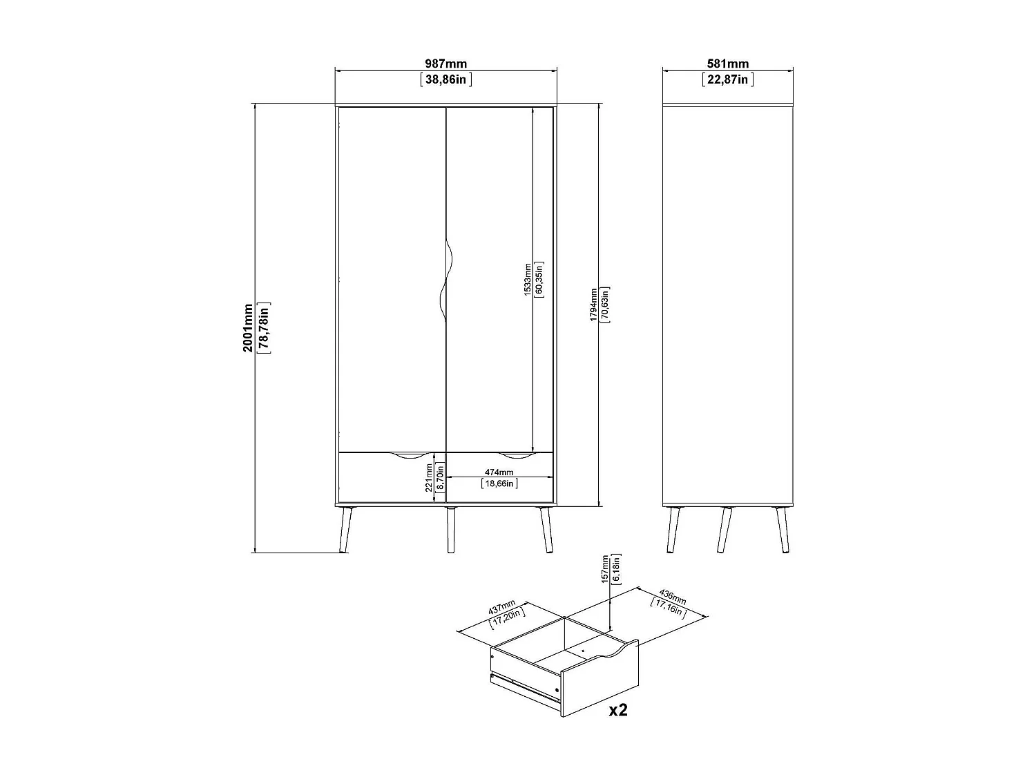 Armário Dscagli 2 portas, Móveis de quarto, Armário, Armário, 99x58 h200 cm, Branco e Carvalho