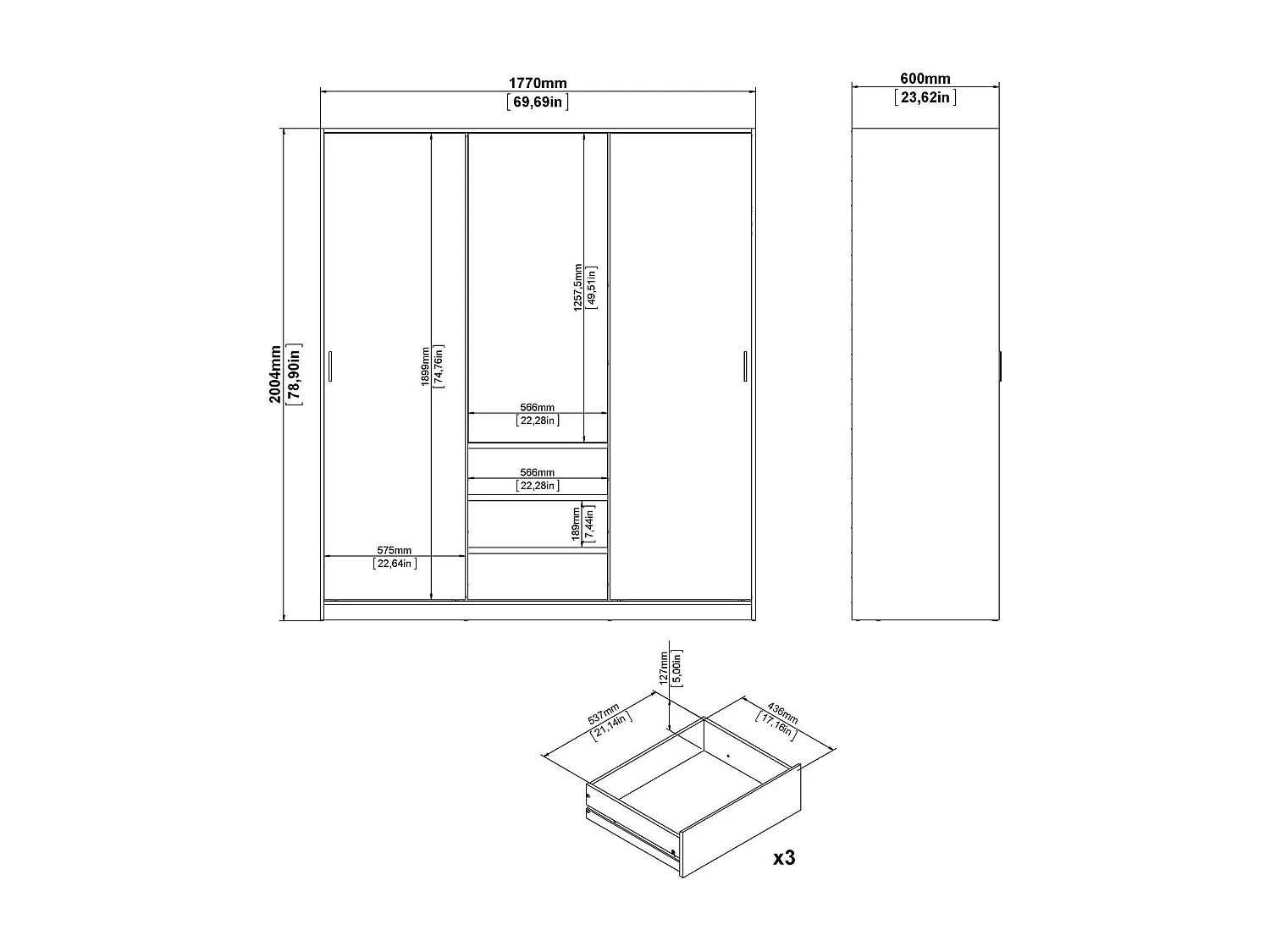 Armario 3 puertas Dveretou, Muebles de dormitorio, Vestidor, Armario de ropa, 177x60 h200 cm, Roble