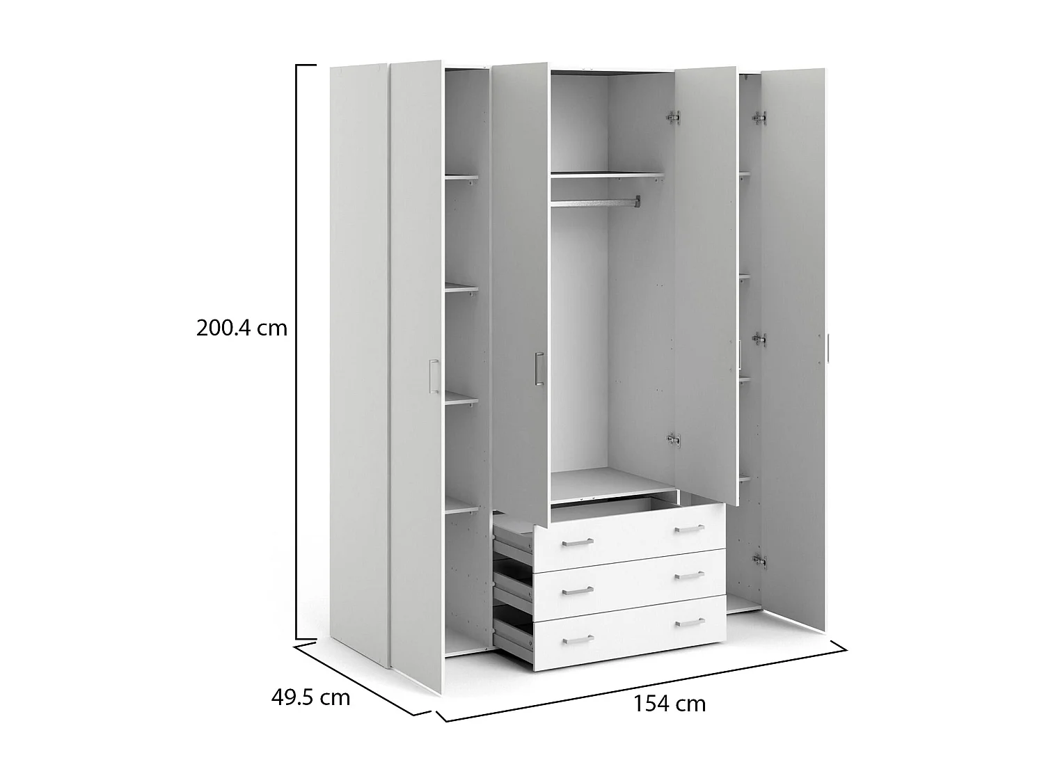 Guardaroba Grande Amoruccio, 3 Cassetti, 49.5x200.4h cm Bianco, Armadio Camera da Letto