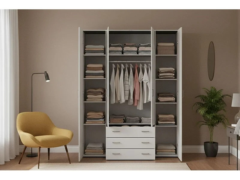 GroÃŸer Kleiderschrank Dseren, Schlafzimmermöbel, Schrank, Garderobe, 154x50 h200 cm, WeiÃŸ