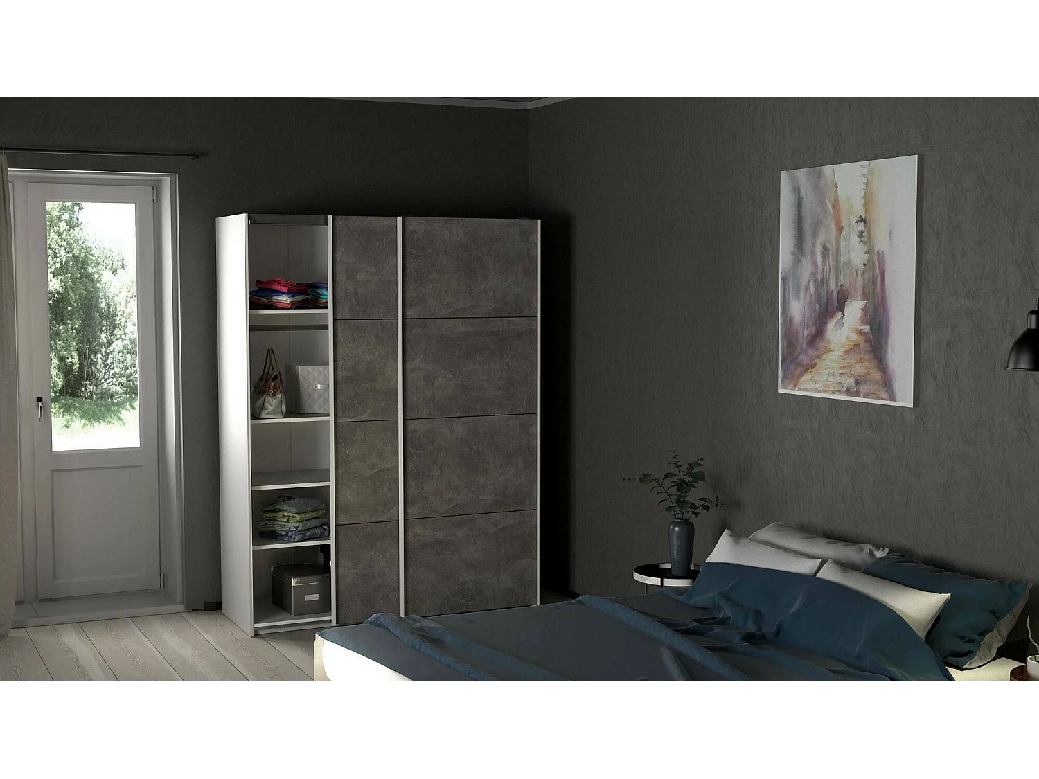 Garde-robe 2 portes Dstang, Meubles de chambre, Penderie de plain-pied, Placard à vêtements, 150x61 h200 cm, Blanc et gris