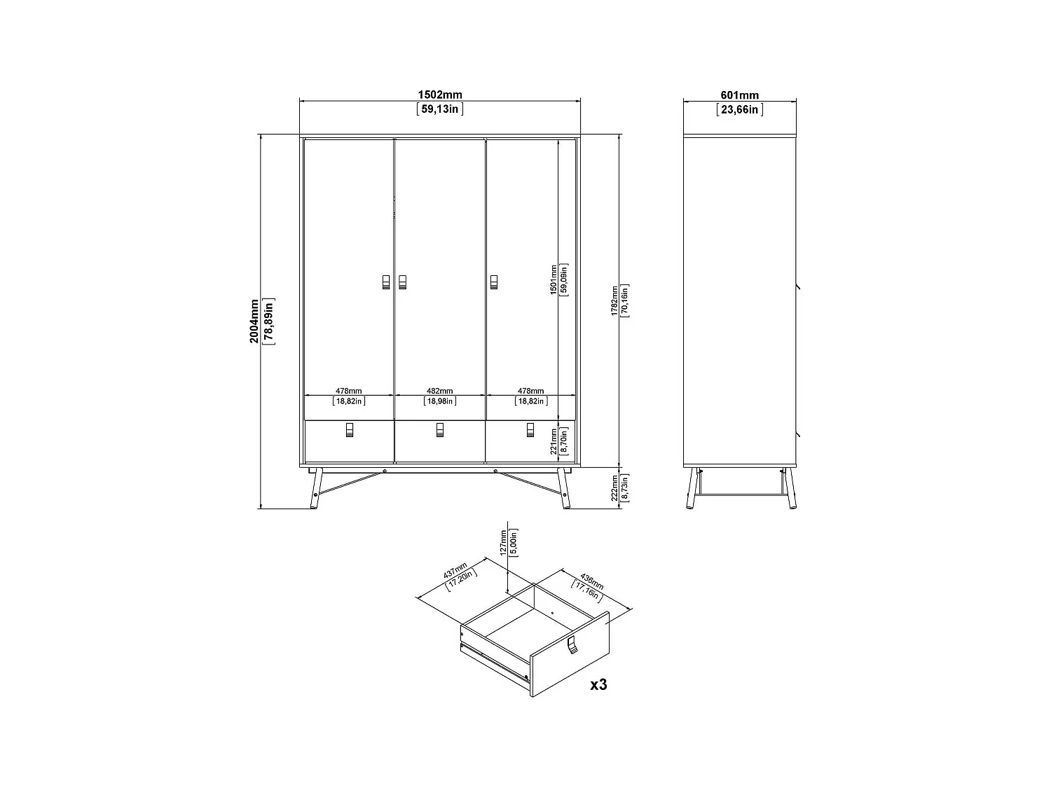 Garde-robe 3 portes Dsalvion, Meubles de chambre, Penderie de plain-pied, Placard à vêtements, 150x60 h200 cm, Chêne clair