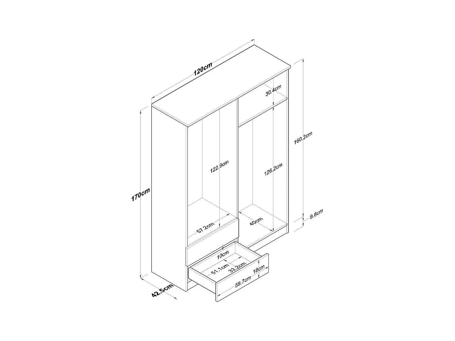 Großer Kleiderschrank Dalborghett, Schlafzimmermöbel, Schrank, Garderobe, 120x43 h170 cm, Walnuss und Weiß
