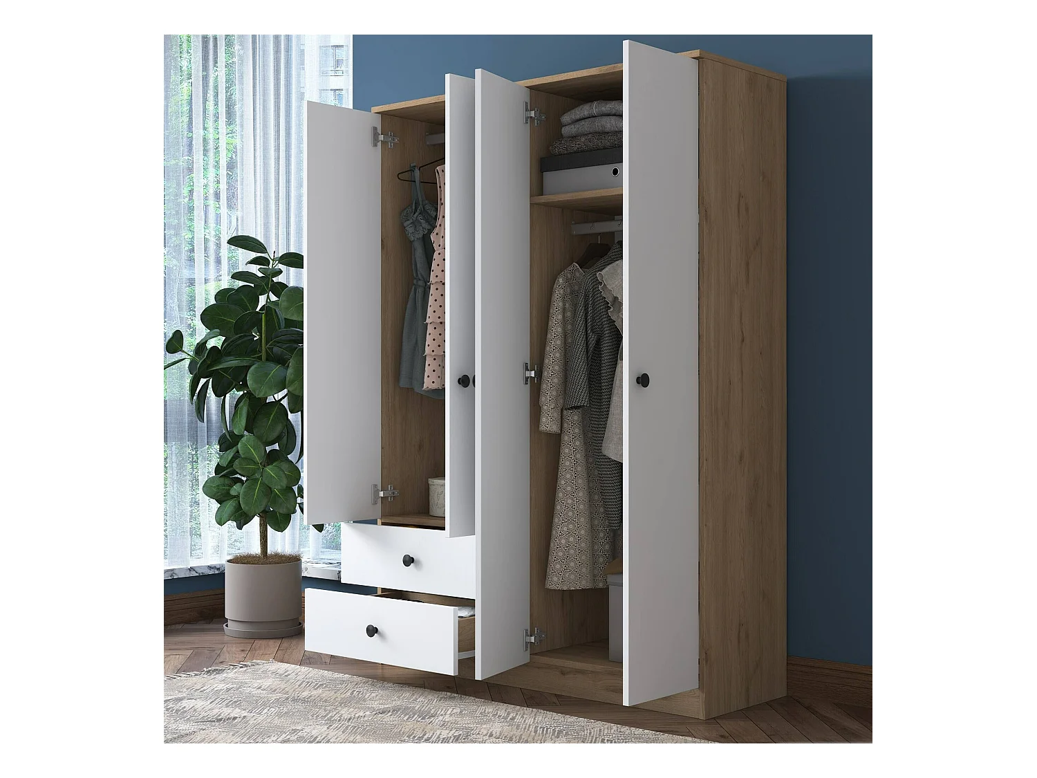 Großer Kleiderschrank Dalborghett, Schlafzimmermöbel, Schrank, Garderobe, 120x43 h170 cm, Walnuss und Weiß