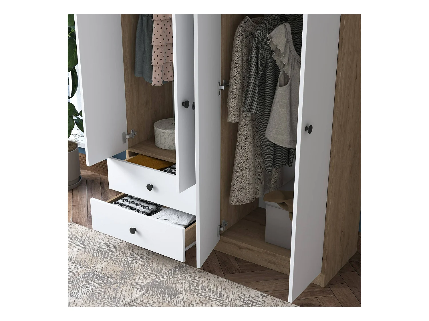 Großer Kleiderschrank Dalborghett, Schlafzimmermöbel, Schrank, Garderobe, 120x43 h170 cm, Walnuss und Weiß