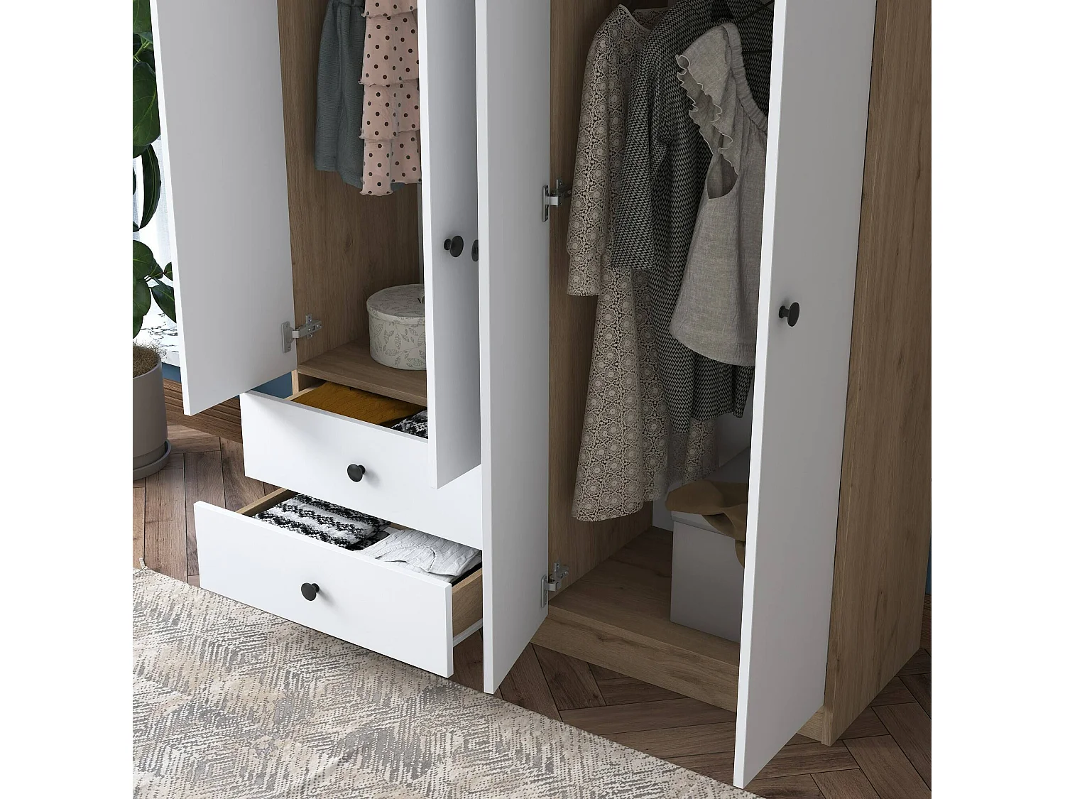 GroÃŸer Kleiderschrank Dalborghett, Schlafzimmermöbel, Schrank, Garderobe, 120x43 h170 cm, Walnuss und WeiÃŸ