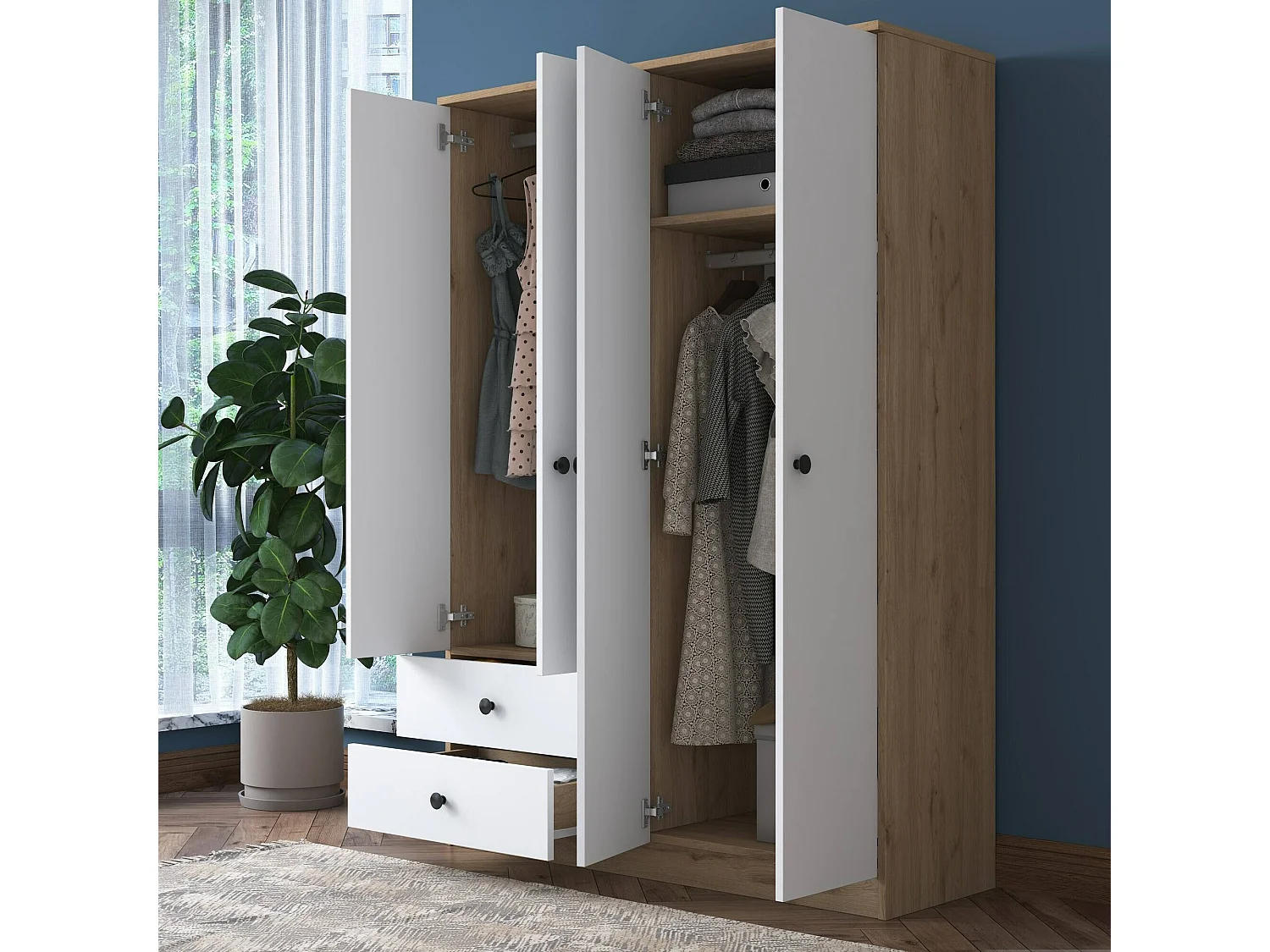 GroÃŸer Kleiderschrank Dalborghett, Schlafzimmermöbel, Schrank, Garderobe, 120x43 h170 cm, Walnuss und WeiÃŸ