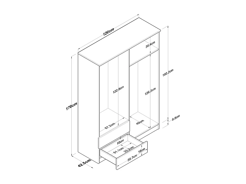 Guardaroba Grande Acanto, 2 Cassetti, 42.5x170h cm Marrone Noce, Armadio Camera da Letto