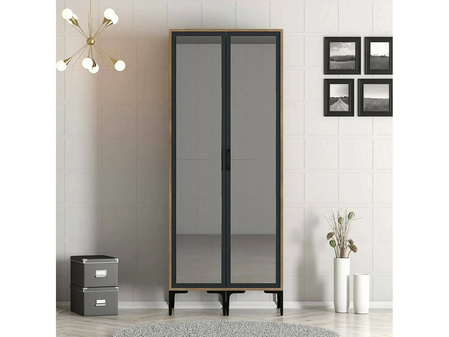 Garde-robe 2 portes Dpret, Meubles de chambre, Penderie de plain-pied, Placard à vêtements, 80x201h48 cm, Noyer et Anthracite