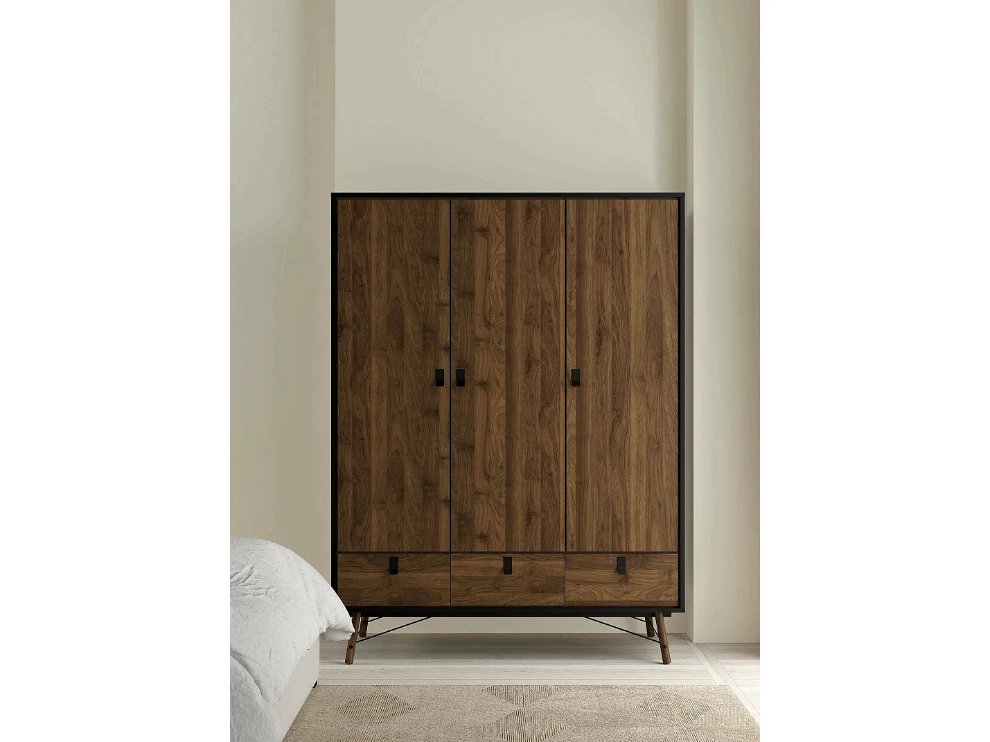 Garde-robe 3 portes Dverdell, Meubles de chambre, Penderie de plain-pied, Placard à vêtements, 150x60 h200 cm, Noir et Noyer