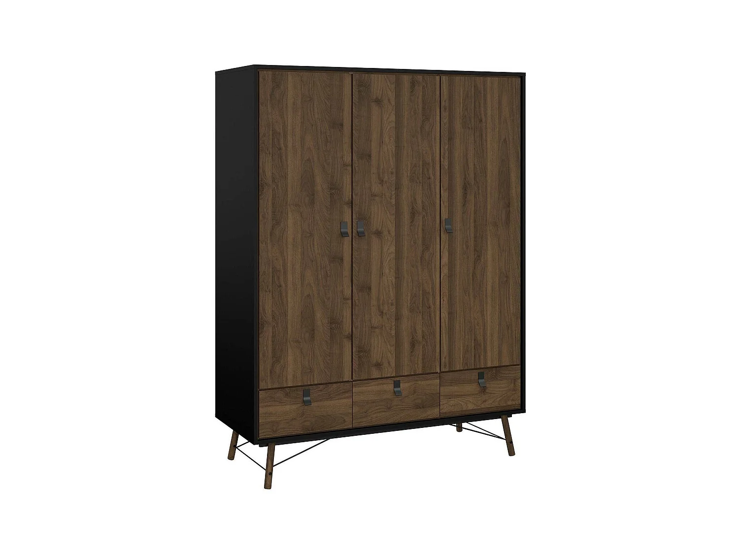 Garde-robe 3 portes Dverdell, Meubles de chambre, Penderie de plain-pied, Placard à vêtements, 150x60 h200 cm, Noir et Noyer
