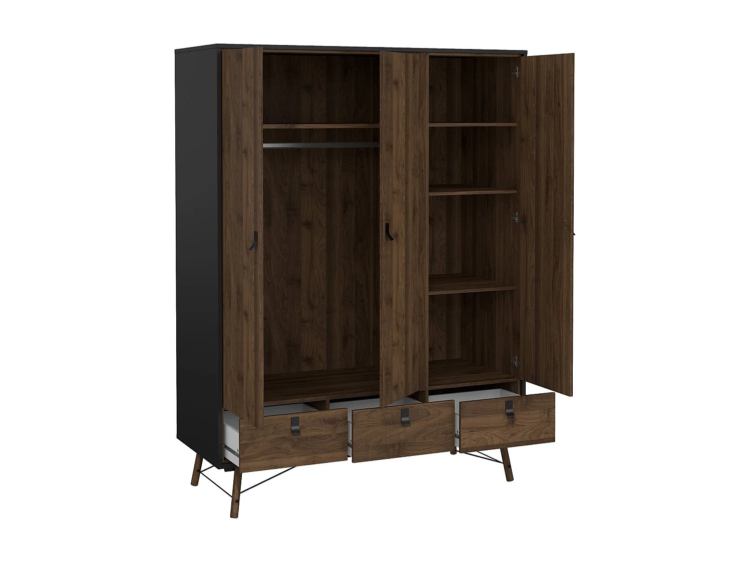 Garde-robe 3 portes Dverdell, Meubles de chambre, Penderie de plain-pied, Placard à vêtements, 150x60 h200 cm, Noir et Noyer