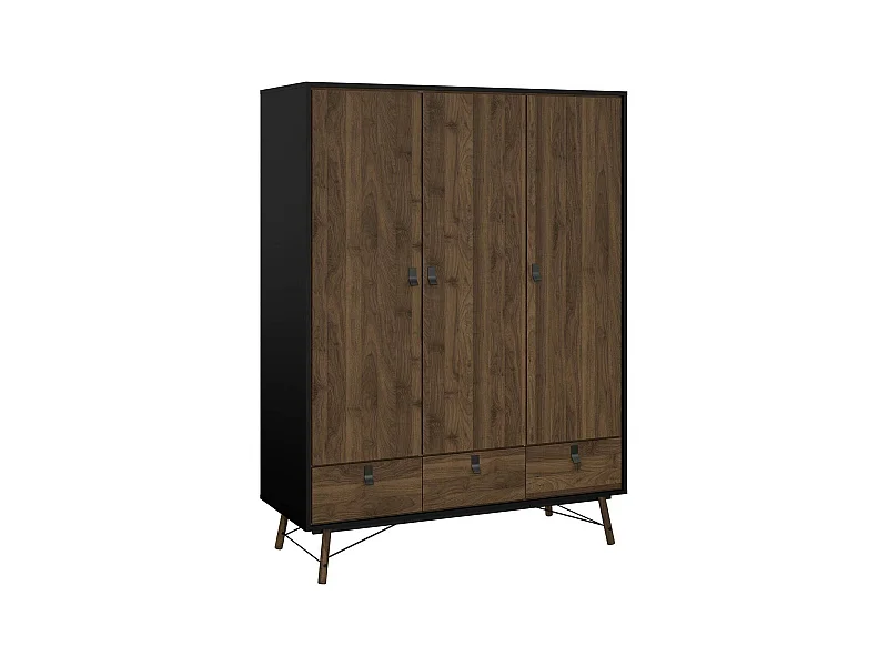 Garde-robe 3 portes Dverdell, Meubles de chambre, Penderie de plain-pied, Placard à vêtements, 150x60 h200 cm, Noir et Noyer