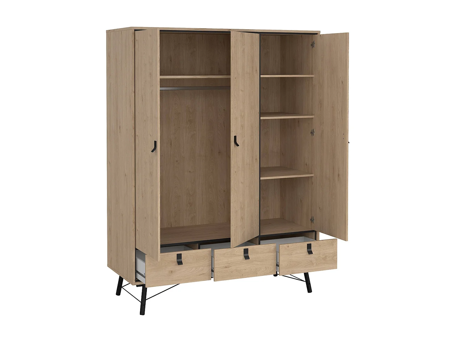 Garde-robe 3 portes Dverdell, Meubles de chambre, Penderie de plain-pied, Placard à vêtements, 150x60 h200 cm, Chêne clair