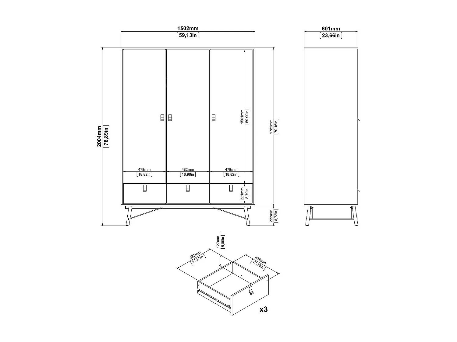 Armario 3 puertas Dverdell, Muebles de dormitorio, Vestidor, Armario de ropa, 150x60 h200 cm, Roble