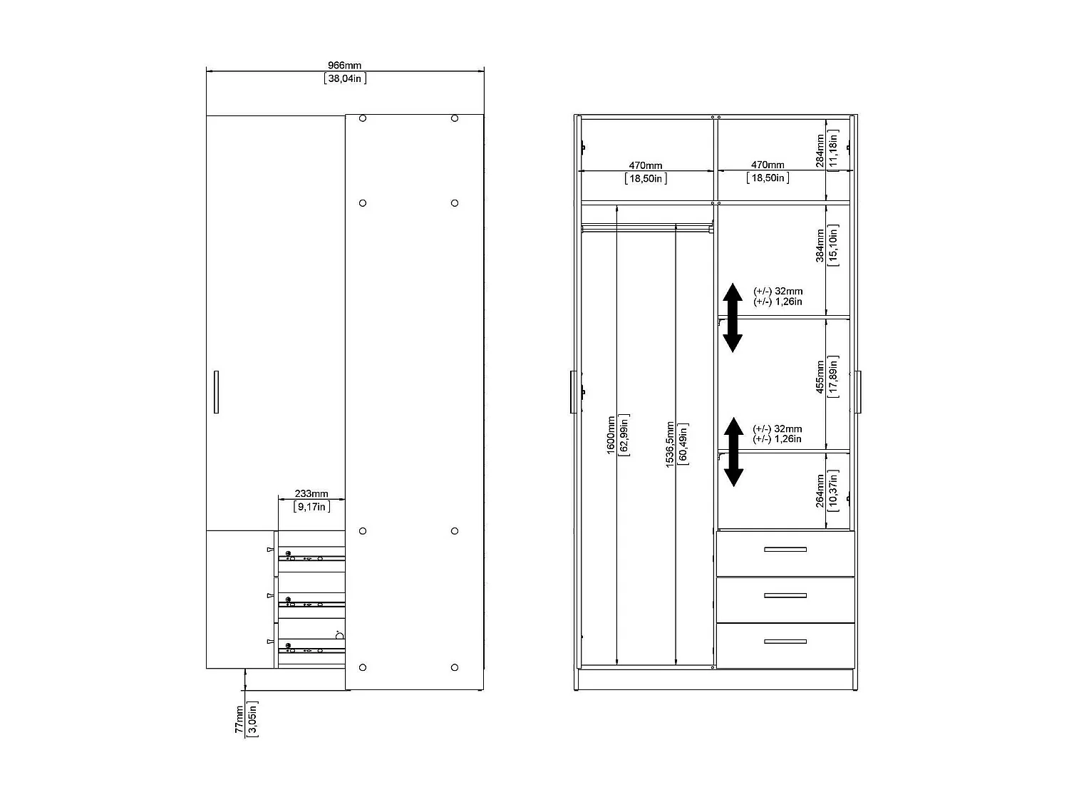 Kleiderschrank 2 Türen Dscopon, Schlafzimmermöbel, Schrank, Garderobe, 99x50 h200 cm, Grau