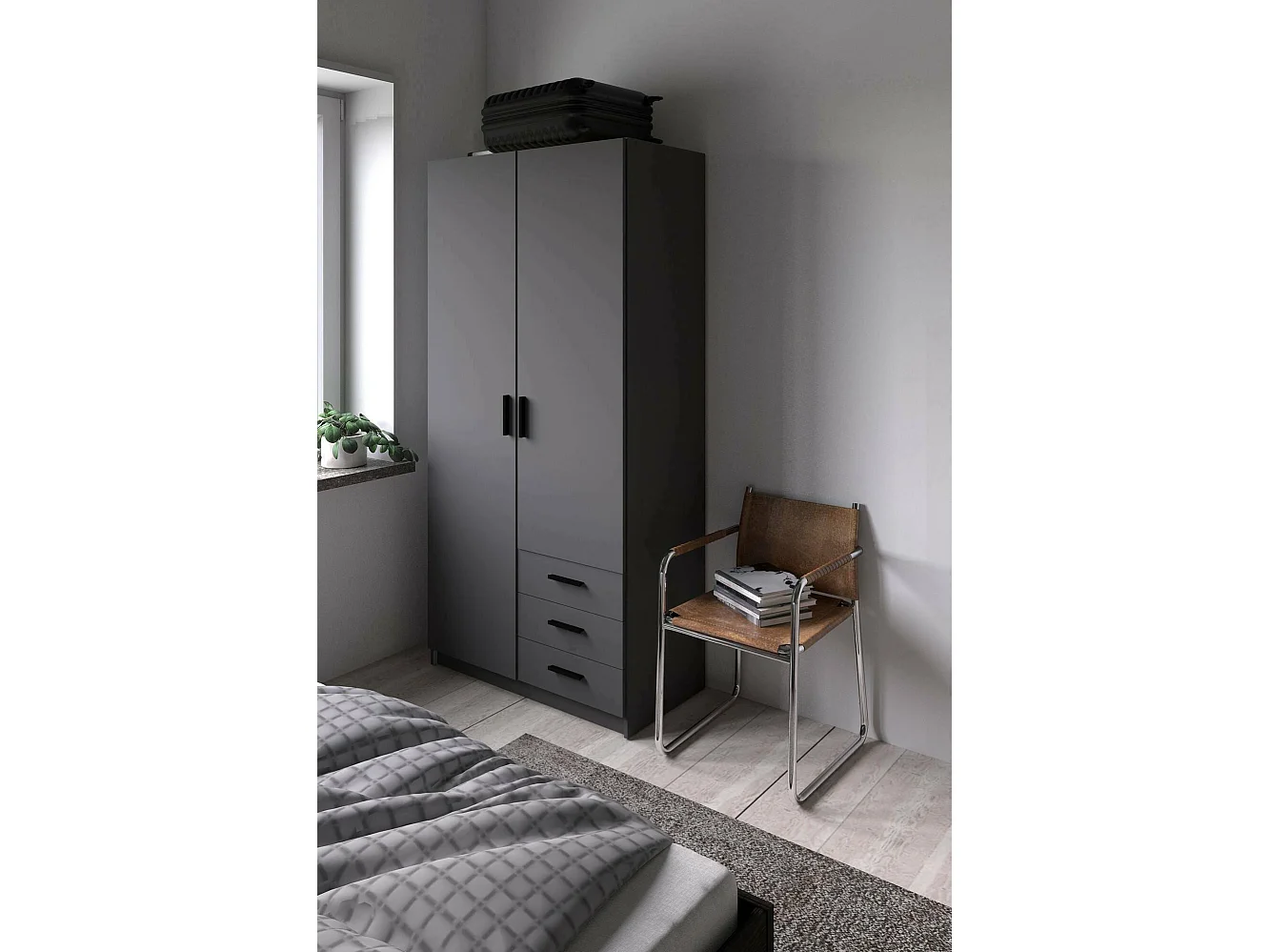 Kleiderschrank 2 Türen Dscopon, Schlafzimmermöbel, Schrank, Garderobe, 99x50 h200 cm, Grau