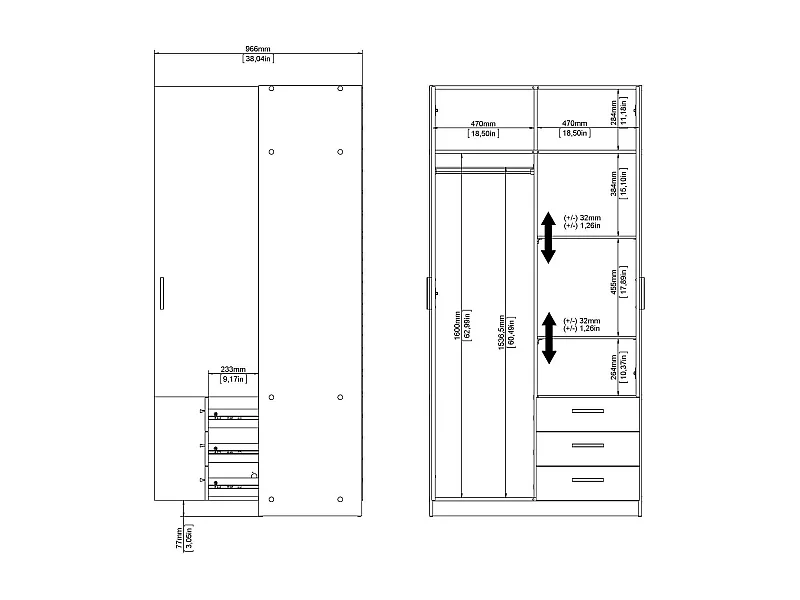 Dscopon 2-deurskast, Slaapkamermeubel, Inloopkast, Kledingkast, 99x50 h200 cm, Grijs