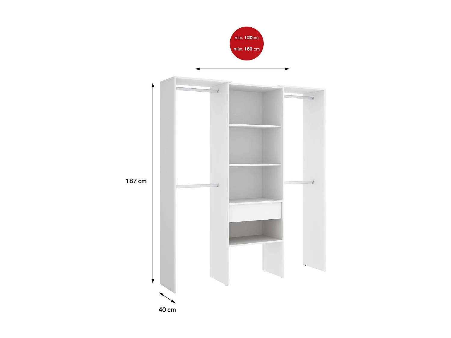 Dfina grote kledingkast, Slaapkamermeubel, Inloopkast, Kledingkast, 160x50 h187 cm, Wit