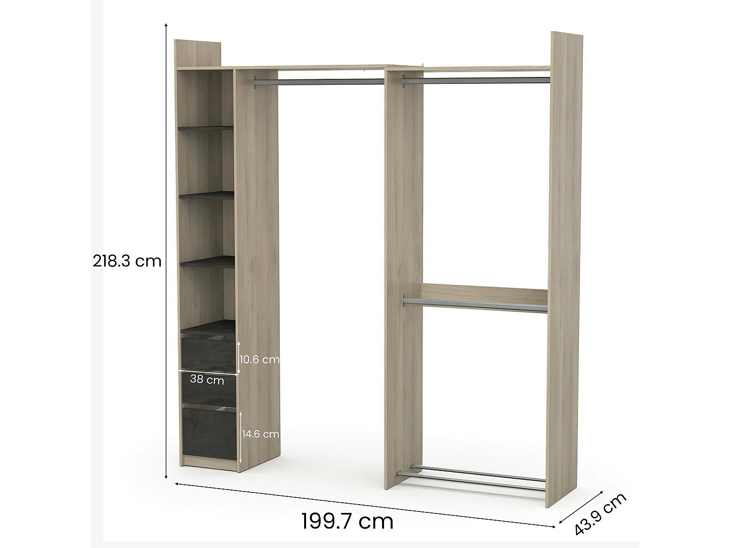 Grande Garde-robe Dshimiz, Meubles de chambre, Penderie de plain-pied, Placard à vêtements, 200x44 h218 cm, Chêne clair