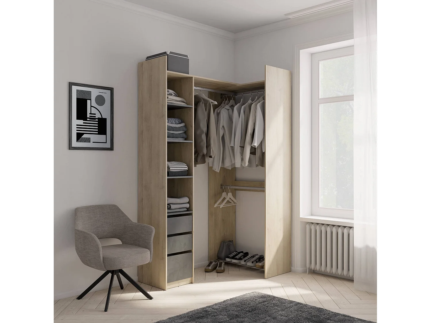 Grande Garde-robe Dshimiz, Meubles de chambre, Penderie de plain-pied, Placard à vêtements, 200x44 h218 cm, Chêne clair