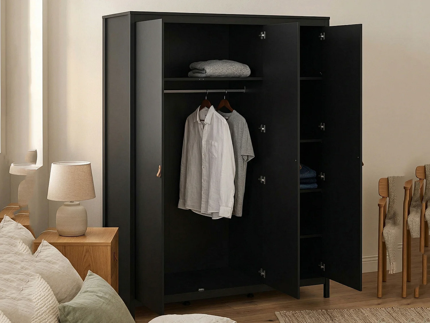 Garde-robe 3 portes Dsemiol, Meubles de chambre, Penderie de plain-pied, Placard à vêtements, 150x58 h199 cm, Noir