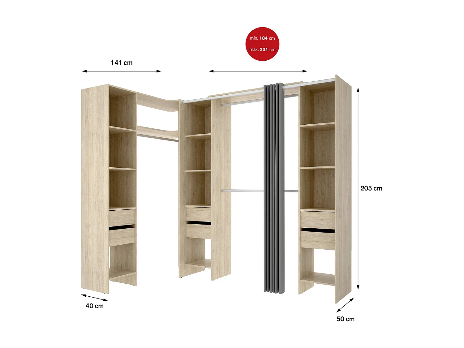 Dmora - Guardaroba grande Alanno, 234x141 h205 cm, Rovere