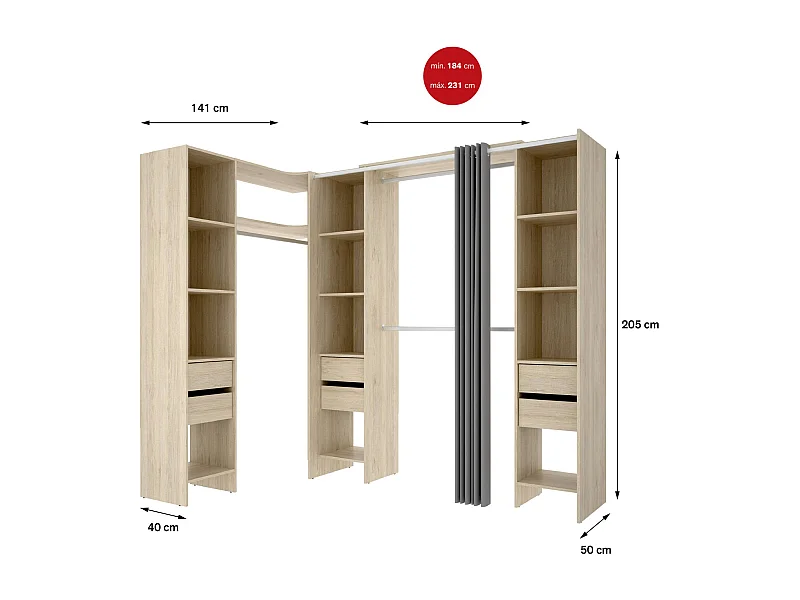 Grande Garde-robe Dharma, Meubles de chambre, Penderie de plain-pied, Placard à vêtements, 234x141 h205 cm, Chêne clair