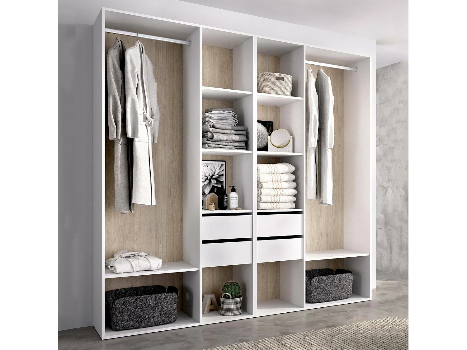 Grande Garde-robe Dpavo, Meubles de chambre, Penderie de plain-pied, Placard à vêtements, 196x45 h205 cm, Blanc et Chêne clair