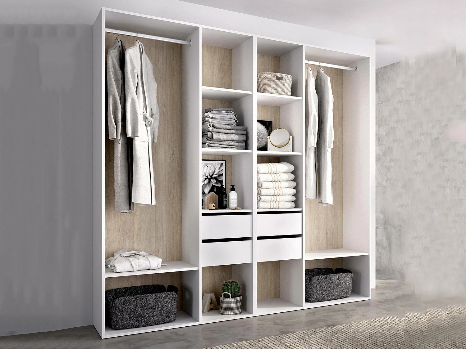 Grande Garde-robe Dpavo, Meubles de chambre, Penderie de plain-pied, Placard à vêtements, 196x45 h205 cm, Blanc et Chêne clair