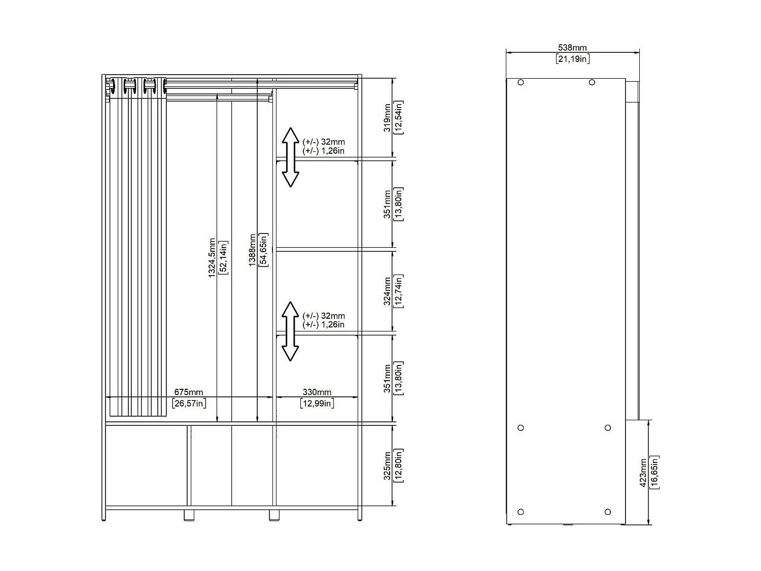 Dseverin grote kledingkast, Slaapkamermeubilair, Inloopkast, Kledingkast, 105x48 h180 cm, Wit en Grijs