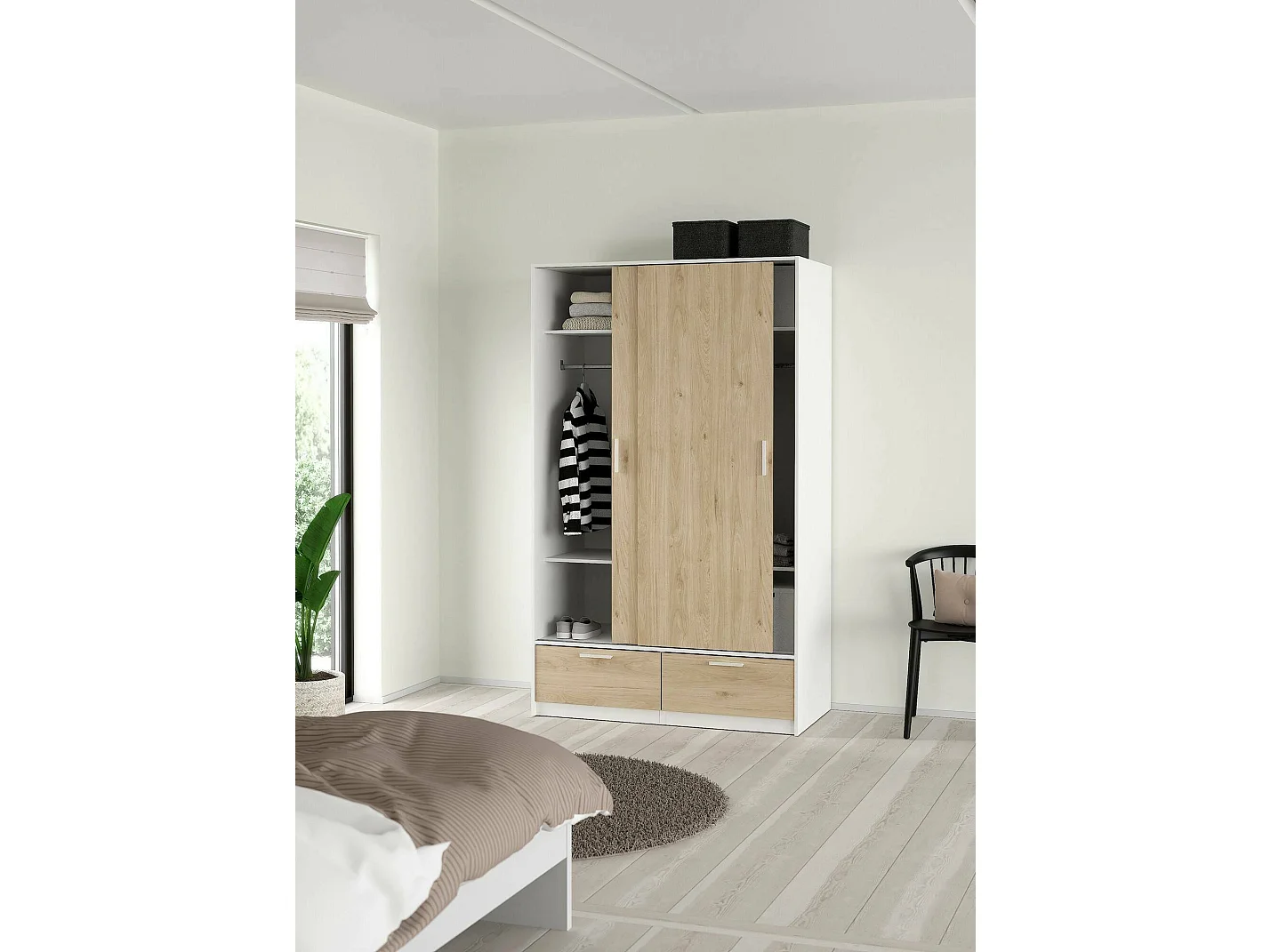 Garde-robe 2 portes Dschoute, Meubles de chambre, Penderie de plain-pied, Placard à vêtements, 121x60 h200 cm, Blanc et Chêne clair