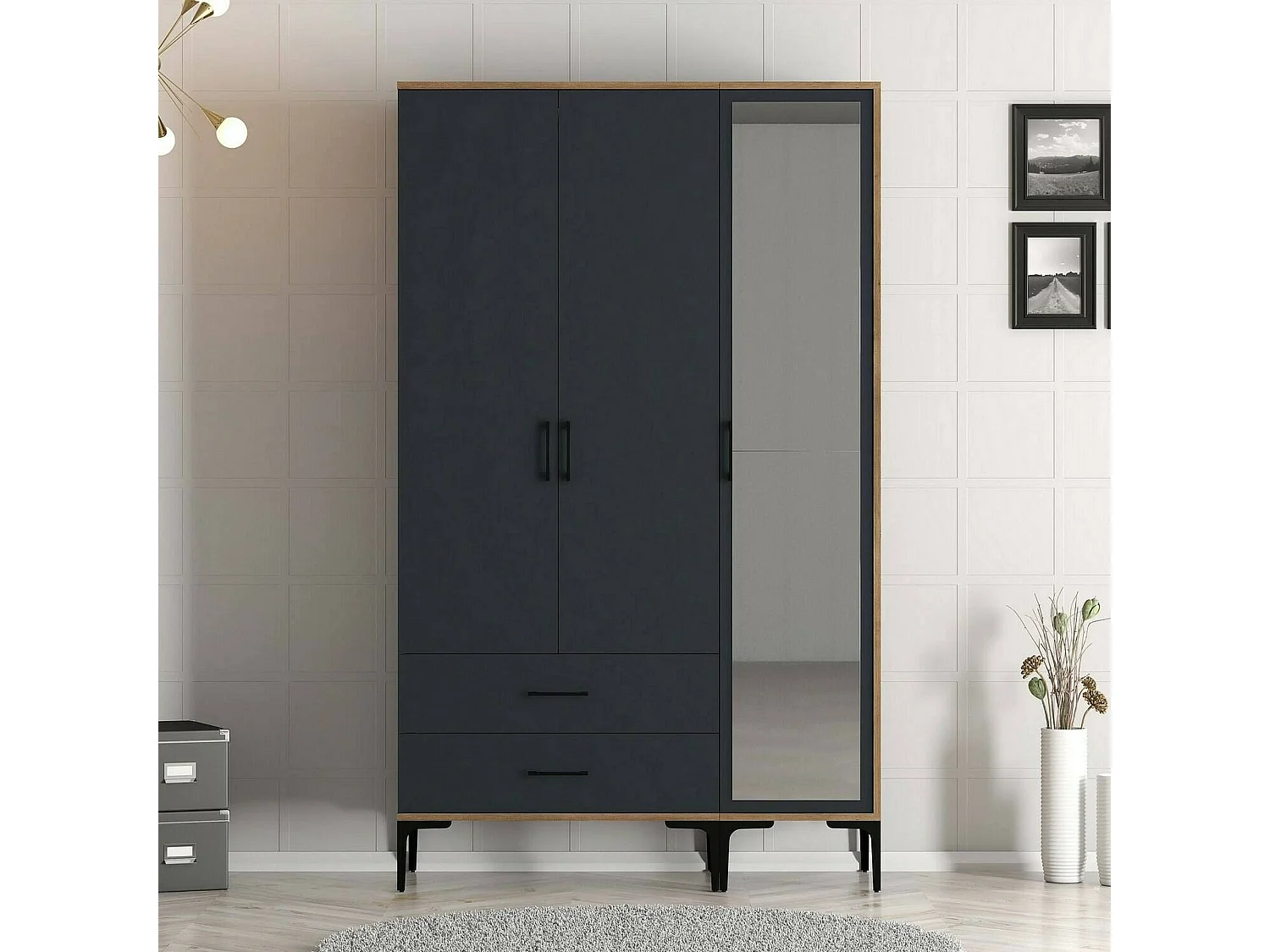 Garde-robe 3 portes Dpierin, Meubles de chambre, Penderie de plain-pied, Placard à vêtements, 120x201h48 cm, Noyer et Anthracite