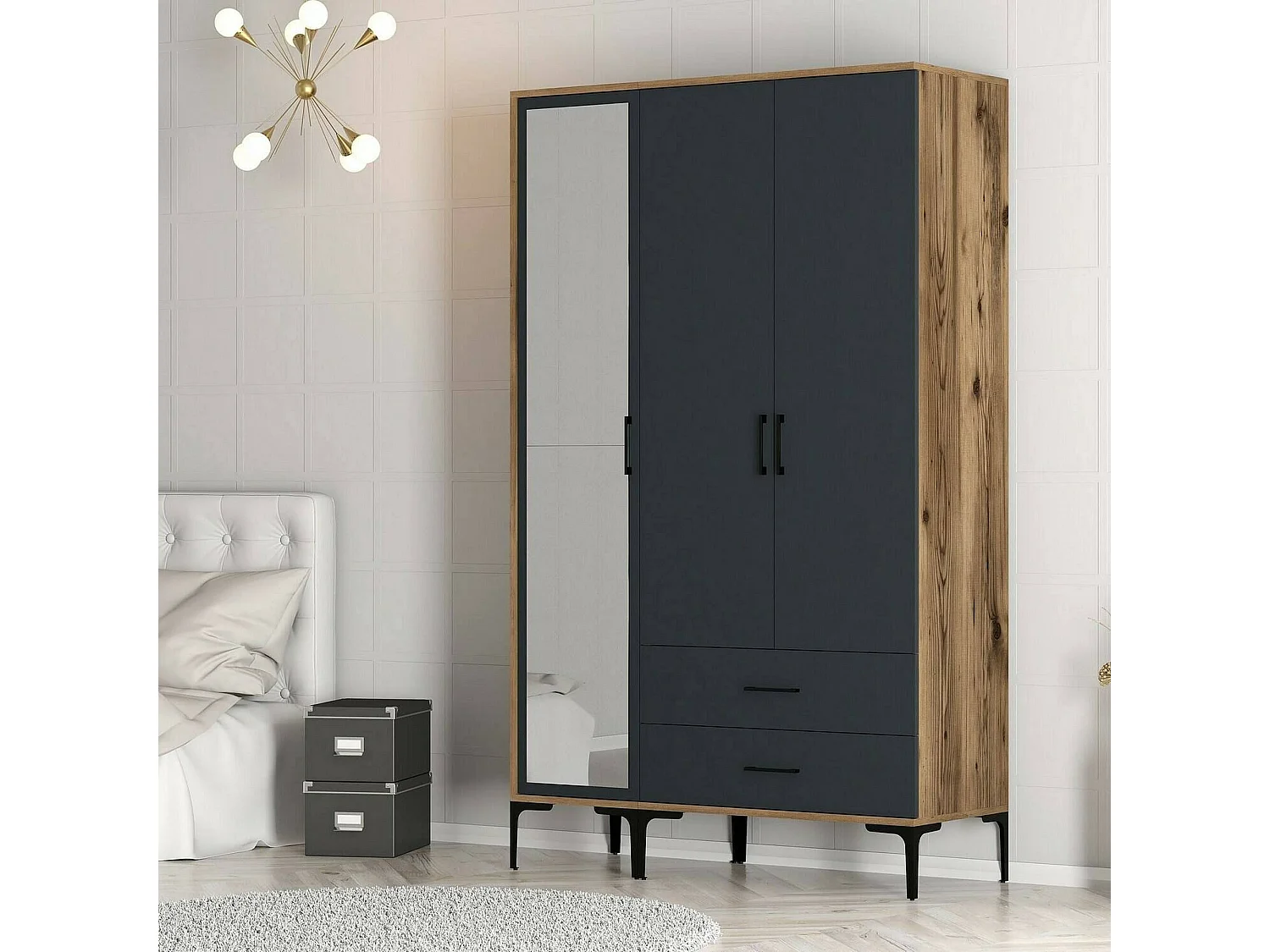 Garde-robe 3 portes Dpierin, Meubles de chambre, Penderie de plain-pied, Placard à vêtements, 120x201h48 cm, Noyer et Anthracite