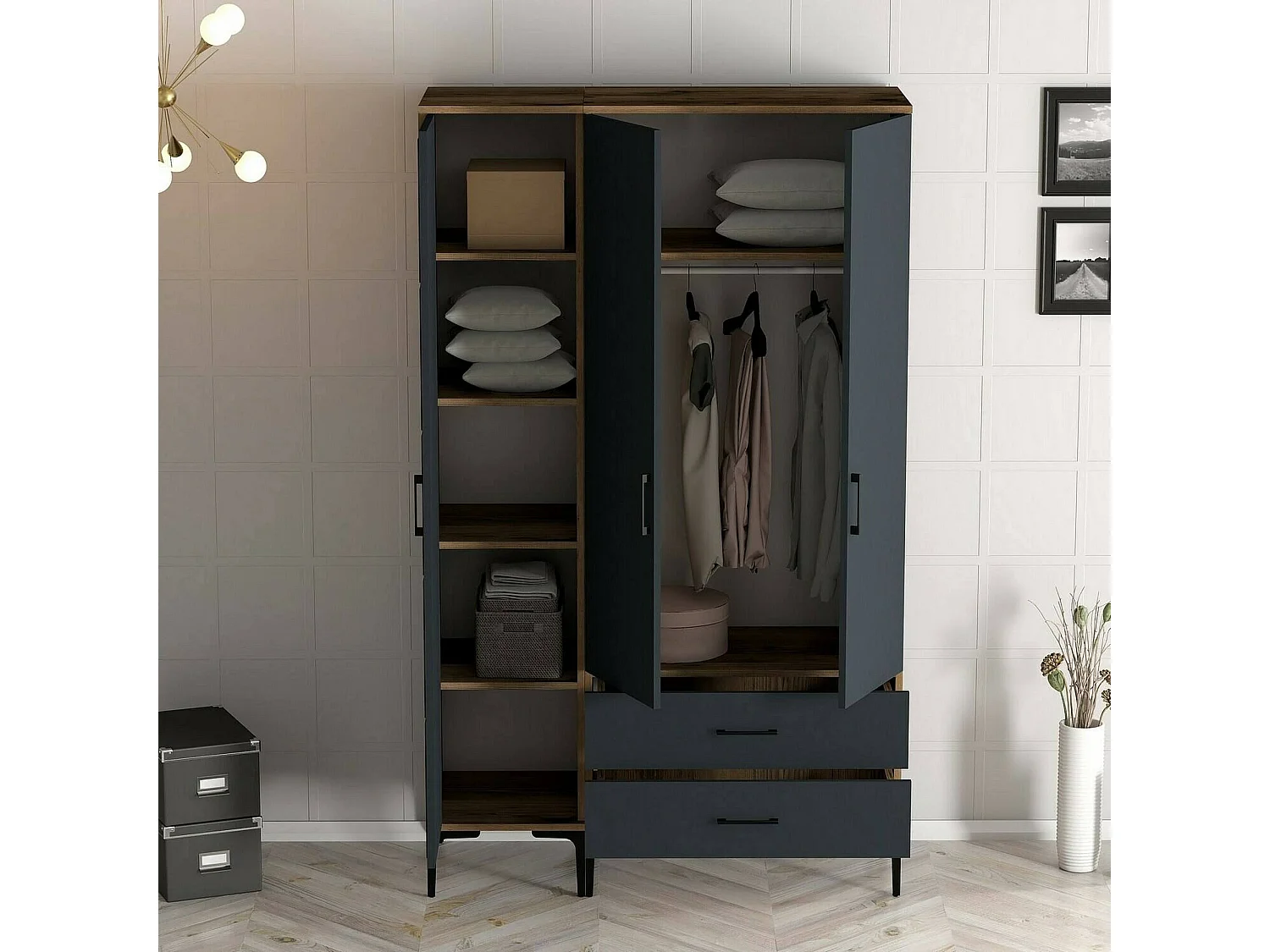 Guardaroba 3 Ante Petroleuse, 2 Cassetti, 47.5x120 cm Nero Antracite, Armadio Camera da Letto