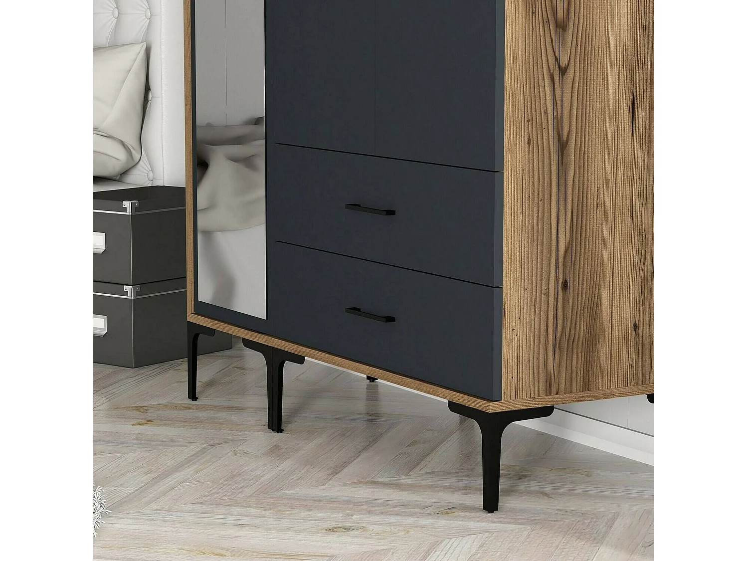 Guardaroba 3 Ante Petroleuse, 2 Cassetti, 47.5x120 cm Nero Antracite, Armadio Camera da Letto