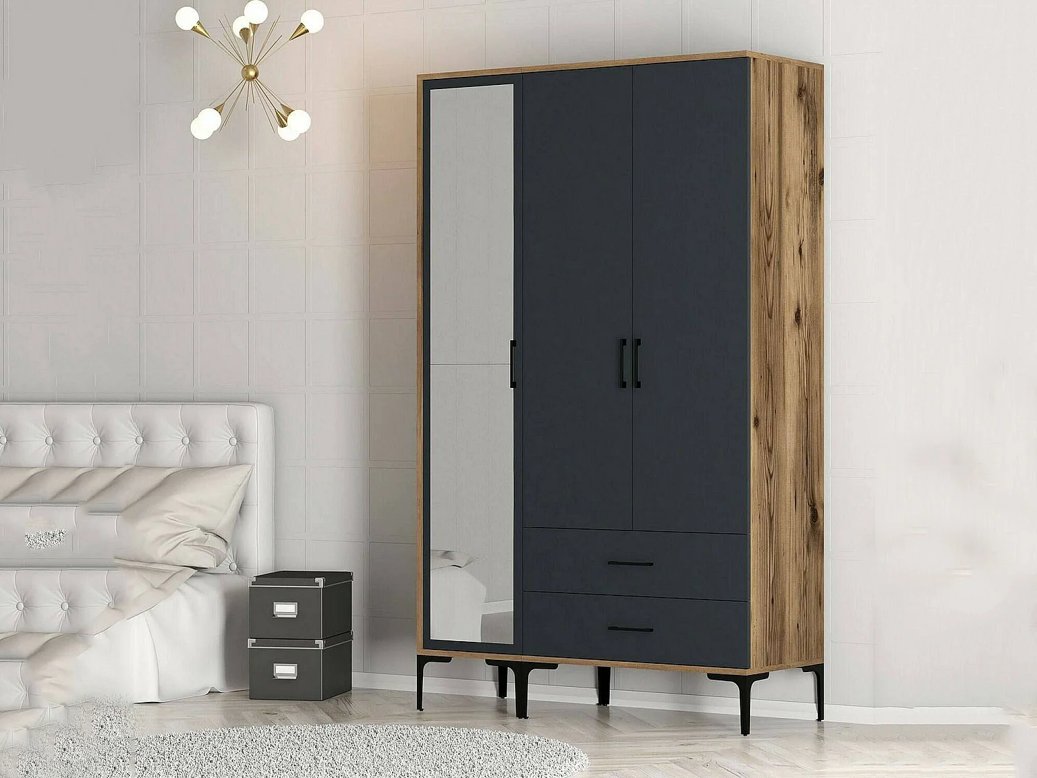 Garde-robe 3 portes Dpierin, Meubles de chambre, Penderie de plain-pied, Placard à vêtements, 120x201h48 cm, Noyer et Anthracite