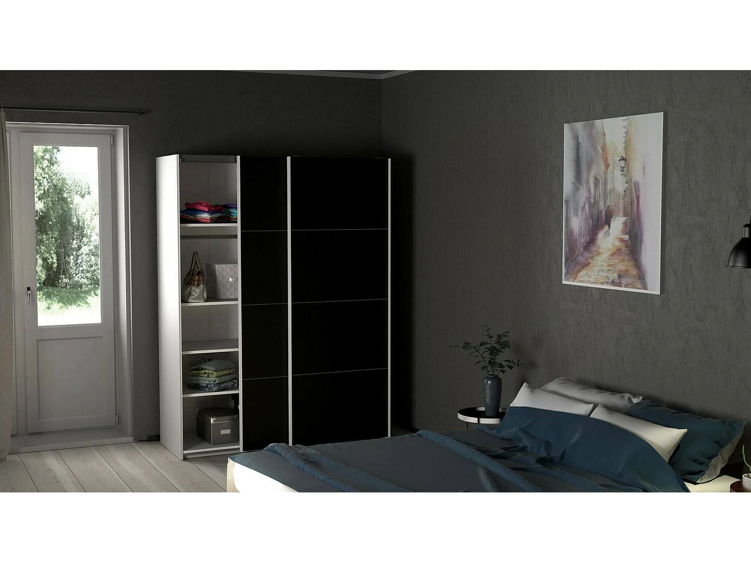 Garde-robe 2 portes Dstang, Meubles de chambre, Penderie de plain-pied, Placard à vêtements, 150x61 h200 cm, Blanc et Noir