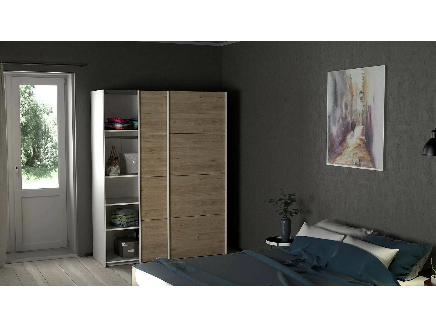 Garde-robe 2 portes Dstang, Meubles de chambre, Penderie de plain-pied, Placard à vêtements, 150x61 h200 cm, Blanc et Chêne clair
