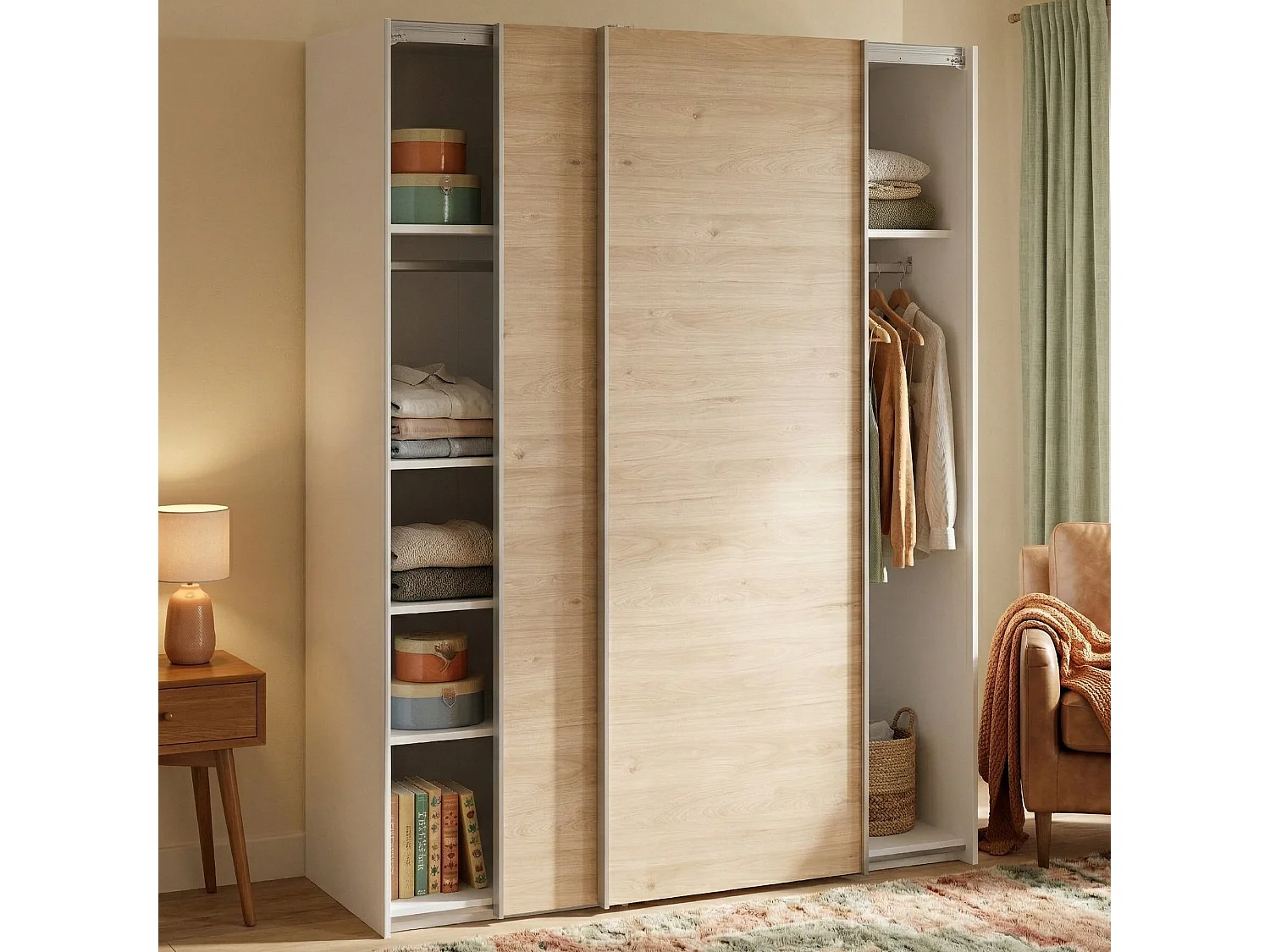 Garde-robe 2 portes Dstang, Meubles de chambre, Penderie de plain-pied, Placard à vêtements, 150x61 h200 cm, Blanc et Chêne clair